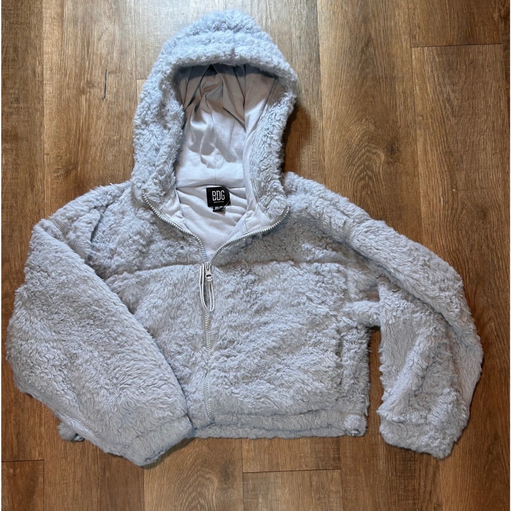 BDG Urban Outfitters Teddy Bear Fleece Full Zip Hooded Jacket Light Blue XS